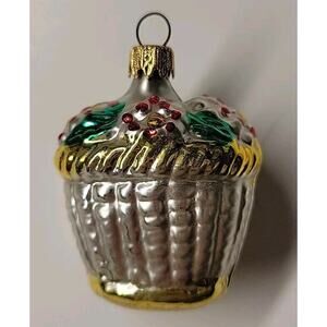 VINTAGE Columbia Mercury Glass Figural Christmas Ornament Yellow Flower Basket